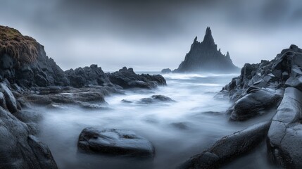 Fototapeta premium Dramatic rocky seascape with jagged peaks and misty waves