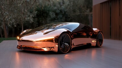 A futuristic copper sports car with sleek lines and reflective surfaces, embodying speed and...