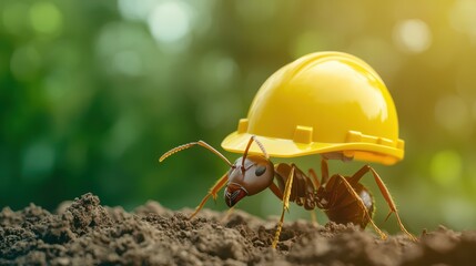 Ant in yellow hard hat working on construction site during daylight