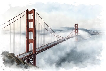 Fototapeta premium Golden Gate Bridge in San Francisco shrouded in fog watercolor illustration