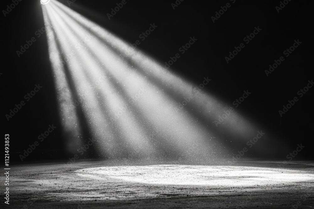 Poster ethereal light beams illuminating dust in dark space, creating a mysterious atmosphere for artistic 
