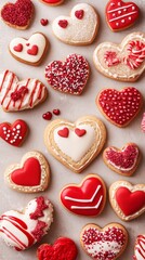 Vibrant heart-shaped cookies with red and white icing and sprinkles