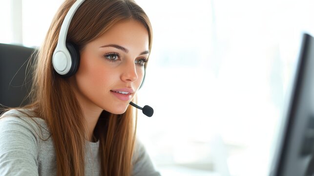 Supportive young woman assists customers as a call center agent in modern office setting