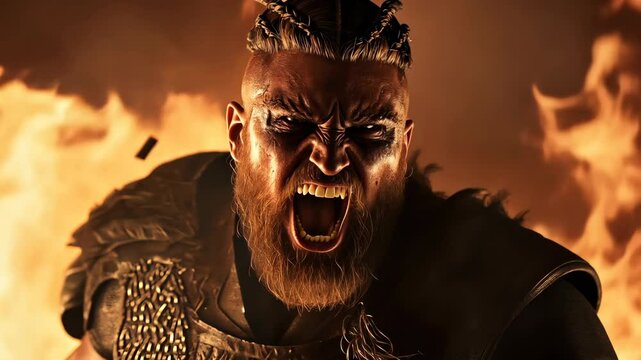 Angry Viking warrior roaring amid fire  
