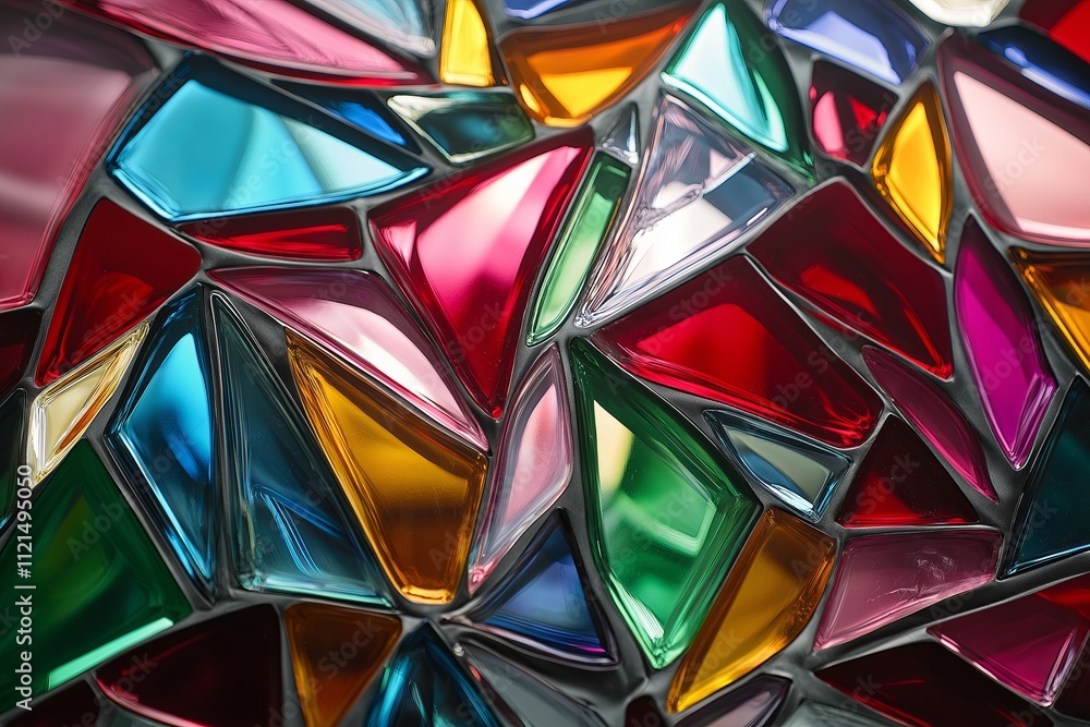 Poster A collection of multicolored overlapping glass shards, creating a stained-glass effect.