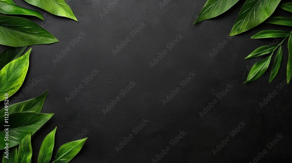 Poster lush green leaves arranged on a dark backdrop creating a natural frame effect
