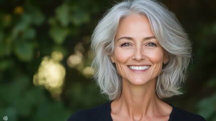 Naklejka premium Confident middle-aged woman smiling warmly in natural light outdoors