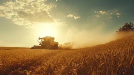 Fototapeta premium Golden Harvest: A Combine Harvester at Sunset