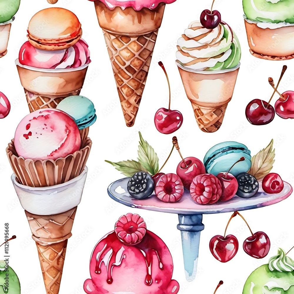 Aufkleber sweet summer dreams: a whimsical watercolor pattern featuring a delightful array of ice cream cones,