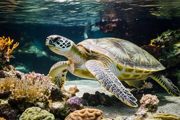Obraz premium Green sea turtle swimming in a vibrant coral reef
