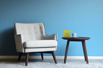 Fototapeta premium Cozy chair and modern table in a calm blue room