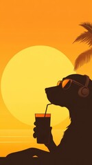 Naklejka premium Dog relaxing on a beach lounger with a tropical drink at sunset