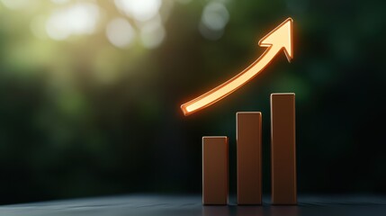Glowing orange arrow indicates upward trend in business growth with bar graph