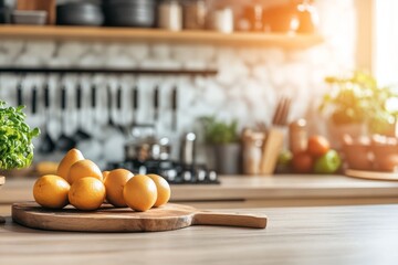 Fresh Oranges on Cutting Board in Modern Kitchen with Natural Light, Potted Herbs and Fruit Display, Home Cooking Concept and Healthy Eating Lifestyle