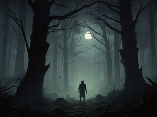 silhouette of a person walking in the forest,fog in the forest,halloween scene