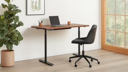 A modern standing desk with sleek design, featuring wooden top and adjustable height, paired with black ergonomic chair. workspace is brightened by natural light from large window, creating an invitin