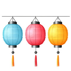 Obraz premium Colorful paper lanterns with tassels hanging on string, featuring blue, red, and orange designs, evoking festive and cultural atmosphere