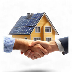 Solar energy agreement handshake between two people in front of a house with solar panels isolated on transparent background cutout png