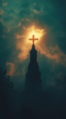 Silhouette of a Christian Cross Against a Dramatic Glowing Sky