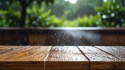 Empty wooden table with rain water and blurred rain background