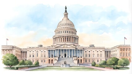 Capitol Washington DC USA watercolor illustration