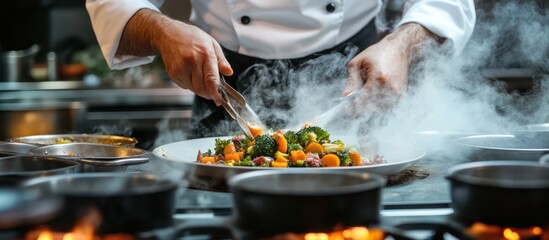 A chef in a white uniform cooks a delicious stir fry of vegetables in a wok with steam rising from the pan.