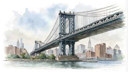 Fotobehang Aquarelschilderij wolkenkrabber Manhattan bridge New York cityscape watercolor illustration  © tarakacraft