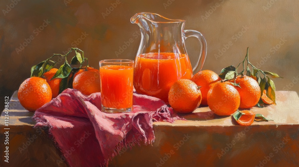Poster Freshly Squeezed Orange Juice with Oranges and Glass on Table