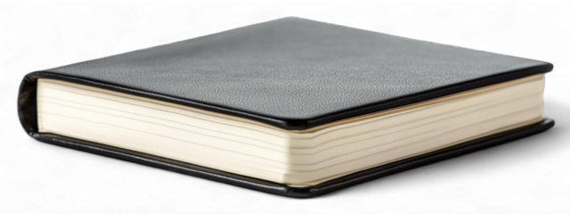 Black leather bound notebook with blank pages isolated on transparent background cutout png