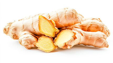 A close-up view of fresh ginger root isolated on a clean white background, showcasing its textured skin and vibrant color