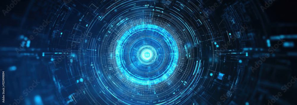 Poster blue technology background with glowing digital connections and circles on dark blue banner for pres