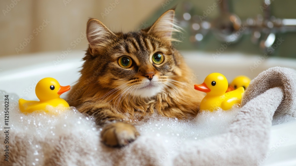 Poster Adorable Cat Enjoying a Bubble Bath with Rubber Duck Toys
