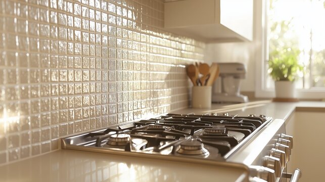 A modern kitchen featuring a mocha mousse-colored backsplash, gas stove, and natural light illuminating the space