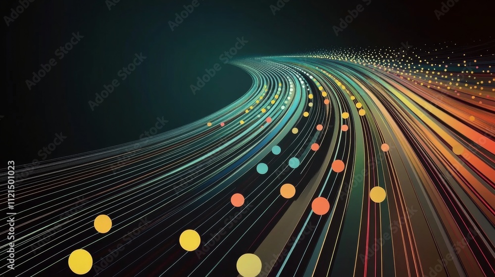 Poster dynamic flow of colorful lines and dots on a dark background