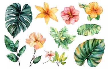 Watercolor clipart of various leaves and flowers in pastel colors, on a white background, with no shadows. 