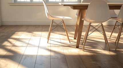 A modern dining area featuring wooden table and stylish white chairs, illuminated by natural light streaming through windows, creating warm and inviting atmosphere