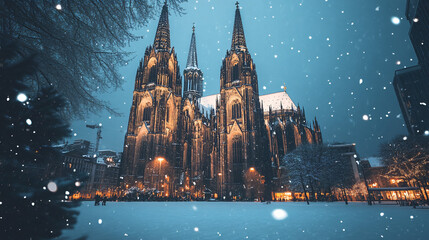 A grand stone cathedral with towering spires, blanketed in snow, glowing warmly from inside.