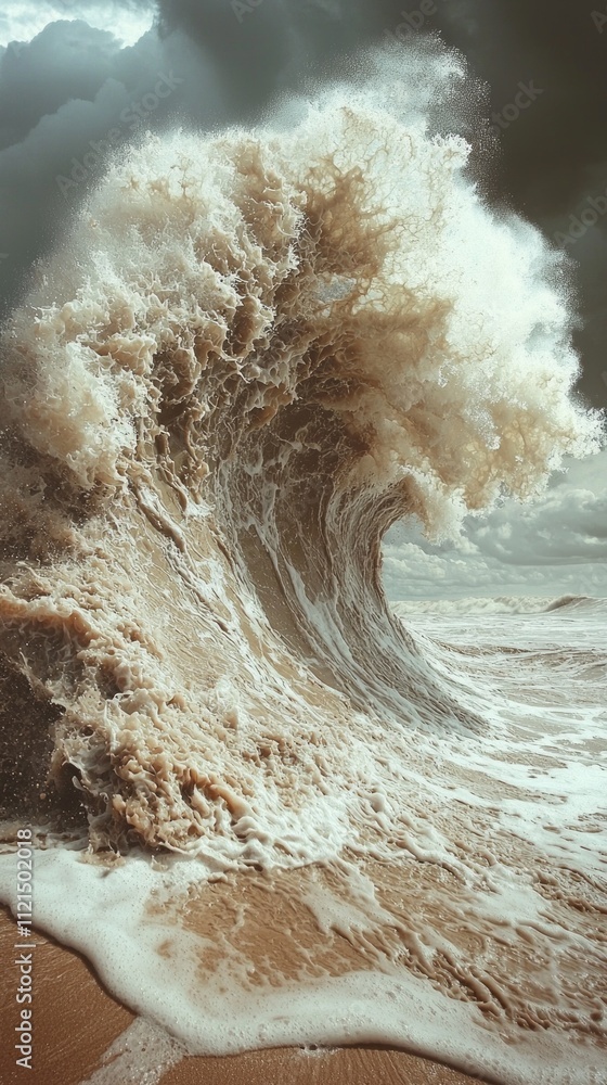 Poster A massive mocha-colored wave crashes against the sandy shore, creating a stunning display of energy and nature's artistry. Cloudy skies enhance the scene's dramatic atmosphere