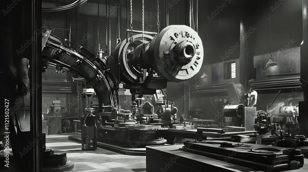 Aufkleber a factory with many machines and a lot of space. the machines are all white and black. the factory i