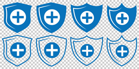Set of security shield icons, security shields logotypes with check mark and padlock. Access approved symbol. Safety insignia. Vector illustration. 