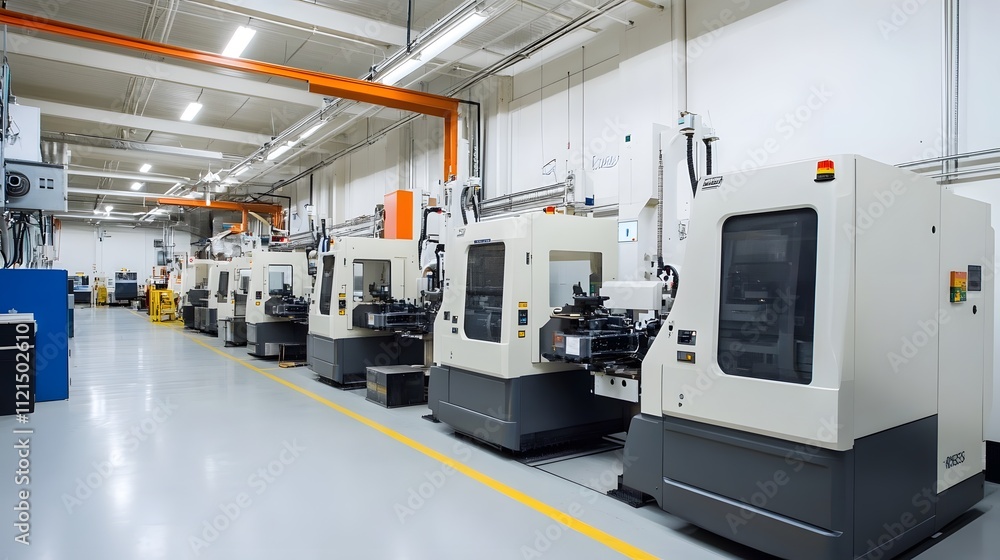 Poster a factory with many machines and a lot of space. the machines are all white and black. the factory i