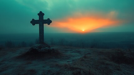 Jesus Christ Cross Against Dramatic Sky, Faith and Hope Symbol