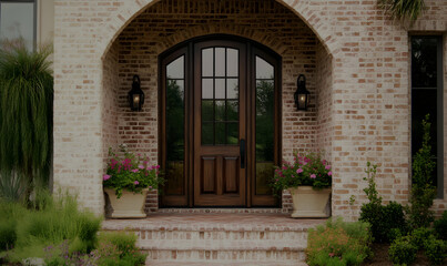 Fototapeta premium Elegant arched brick entryway with a rich wood door, flanked by potted flowers and stylish lanterns. A perfect image for real estate, home decor, or architectural design.