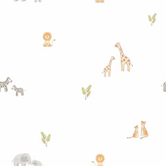 Beautiful seamless pattern with watercolor hand drawn cute safari giraffe and elephant animals. Stock illustration. For baby. © zenina