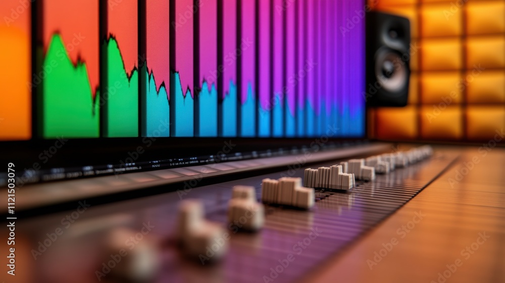 Poster digital audio workstation screen showing colorful sound waves and tracks