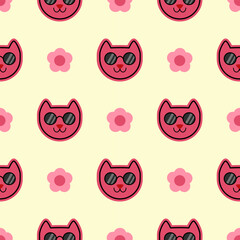 Face cat pink cartoon so cute. On flower pink background. Pattern seamless vector illustration. 
