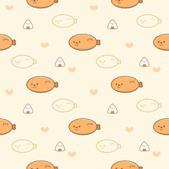 Tempura cartoon so cute. On heart Japanese rice ball yellow background. Pattern seamless vector illustration. 
