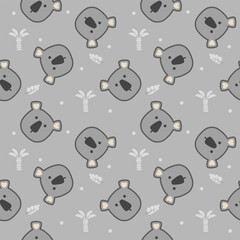 Face koala cartoon so cute. On tree leaf gray background. Pattern seamless vector illustration. 