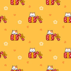 Fototapeta premium Cat in gift box red cartoon so cute. On flower heart yellow background. Pattern seamless vector illustration. 