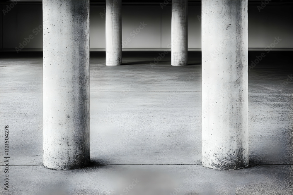 Poster abstract black and white image of four concrete pillars in a minimalist architectural setting. the i